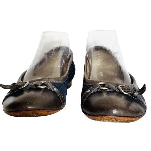AGL Sz 9 Vero Cuoio Italian Gray Leather Toe Dble Bkl Blue Suede Braided Flats - Picture 3 of 7